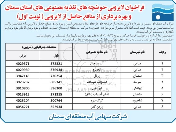 فراخوان لایروبی حوضچه های تغذیه مصنوعی های 