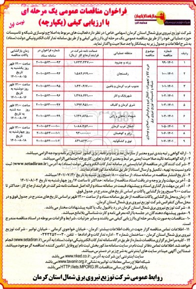 مناقصه خرید کالا و تجهیزات ، انتقال نیرو و برقرسانی ، اصلاح و نوسازی شبکه 