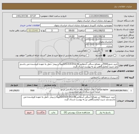 استعلام خرید حدود7000تن مصالح سنگی آسفالتی06-012-019-025توپکا و بیندر ،حمل به عهده فروشنده می باشدو باید شیت آزمایشگاهی نیز به پیوست ارسال گردد