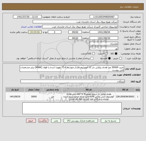 استعلام خرید 30000 متر هادی روکش دار CC آلومینیوم فشار متوسط 73.6 تقویت شده با فولاد (MINK) برابر مشخصات فنی پیوست