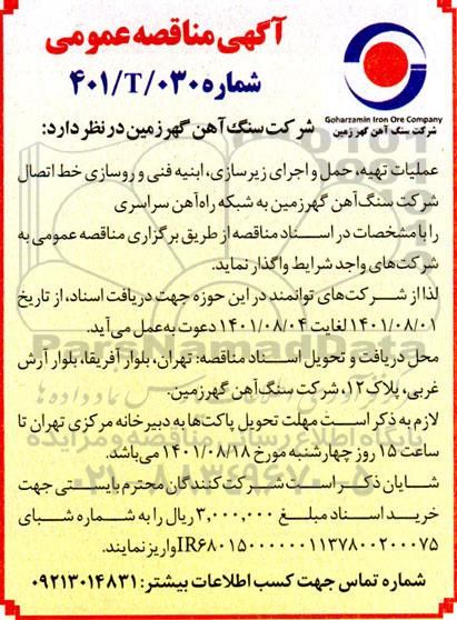 مناقصه عمومی عملیات تهیه، حمل و اجرای زیرسازی، ابنیه فنی و روسازی خط اتصال