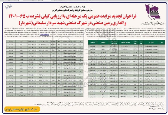 تجدید مزایده عمومی واگذاری زمین صنعتی در شهرک صنعتی شهید سردار سلیمانی (شهریار)