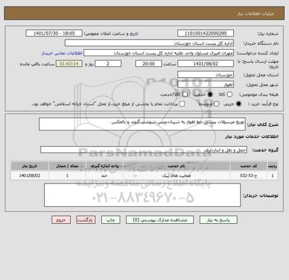 استعلام توزیع مرسولات پستی خط اهواز به شیبان،ویس،شوشتر،گتوند و بالعکس