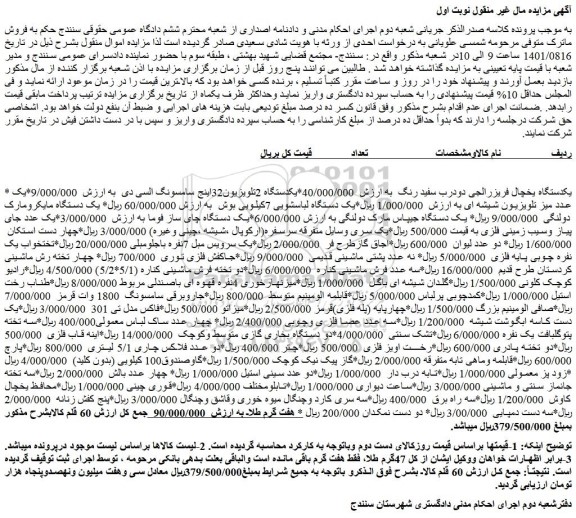 مزایده فروش یکدستگاه یخچال فریزرالجی دودرب سفید رنگ و...
