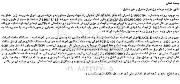 مزایده فروش یک دستگاه ماشین لبه چسبان پی وی سی تعرفه شده ، دستگاه ساخت شرکت EAGLE چین