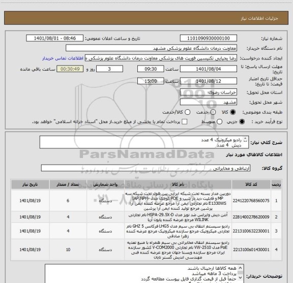 استعلام رادیو میکروتیک 4 عدد
دیش  4 عدد
POE رادیو  10 عدد 
POE  دوربین   6 عدد