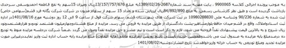 آگهی مزایده تعداد 15 سهم از سهام