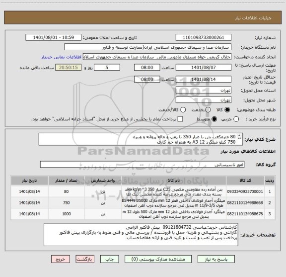 استعلام 80 مترمکعب بتن با عیار 350 با پمپ و ماله پروانه و ویبره
750 کیلو میلگرد 12 A3 به همراه خم کاری
1000 کیلو میلگرد 12  A4 روسی وارداتی به همراه خم کاری