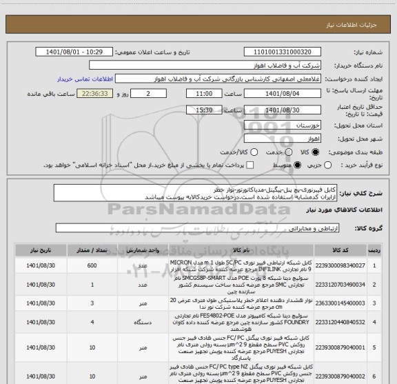 استعلام کابل فیبرنوری-پچ پنل-پیگیتل-مدیاکانورتور-نوار خطر
ازایران کدمشابه استفاده شده است.درخواست خریدکالابه پیوست میباشد