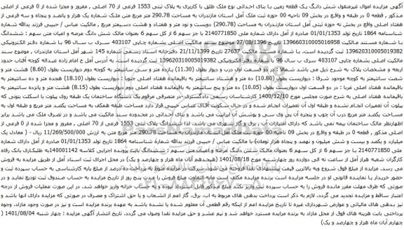 آگهی مزایده شش دانگ یک قطعه زمین با بنای احداثی نوع ملک طلق با کاربری به پلاک ثبتی 1553 فرعی از 70 اصلی , مفروز و مجزا شده از 0 فرعی از اصلی