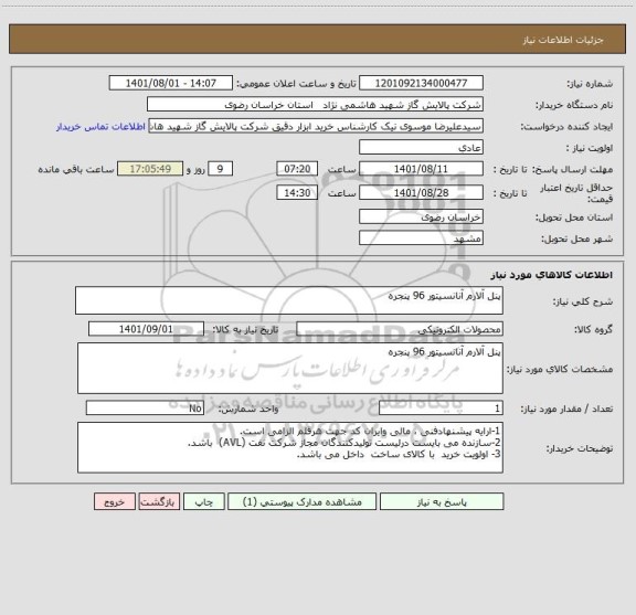 استعلام پنل آلارم آنانسیتور 96 پنجره