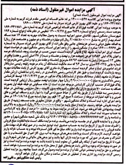 مزایده فروش ملک به مساحت 87.96 مترمربع