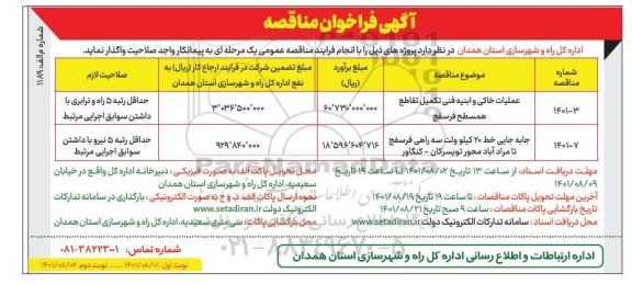 فراخوان مناقصه عملیات خاکی و ابنیه فنی تکمیل تقاطع همسطح و غیره ..