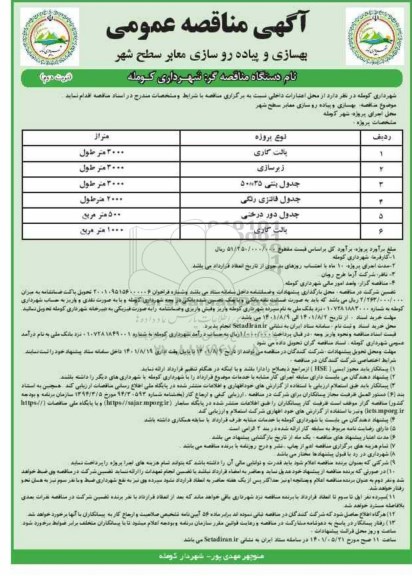 مناقصه بهسازی و پیاده روسازی معابر سطح شهر  نوبت دوم