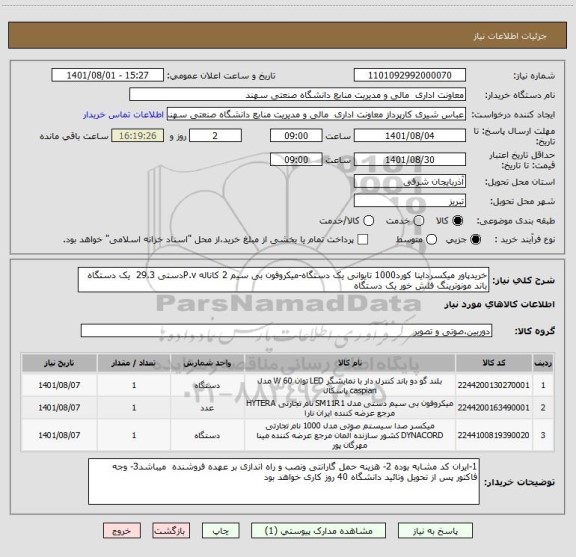 استعلام خریدپاور میکسرداینا کورد1000 تایوانی یک دستگاه-میکروفون بی سیم 2 کاناله P.vدستی 29.3  یک دستگاه   باند مونوترینگ فلش خور یک دستگاه