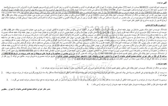 مزایده فروش ششدانگ عرصه و اعیان ملک  