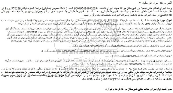 مزایده فروش ششدانگ یک باب خانه بشماره پلاک 2224 اصلی  