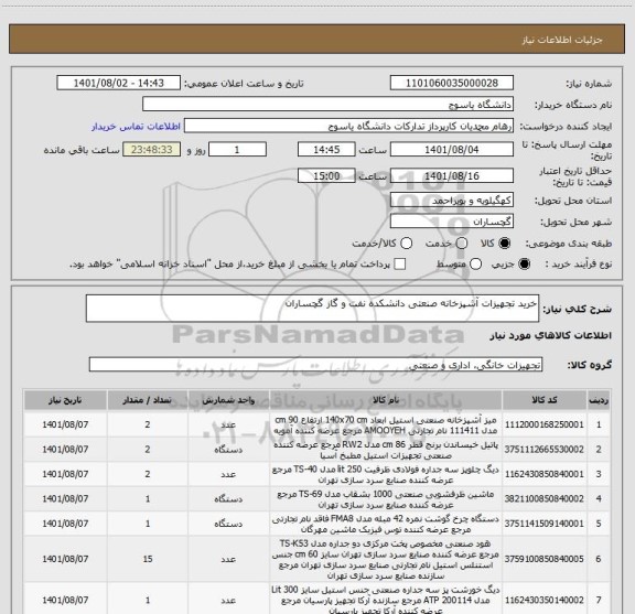 استعلام خرید تجهیزات آشپزخانه صنعتی دانشکده نفت و گاز گچساران