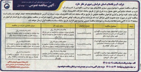 مناقصه برون سپاری فعالیتهای بهره برداری و نگهداری از تاسیسات آب شرب و خدمات مشترکین