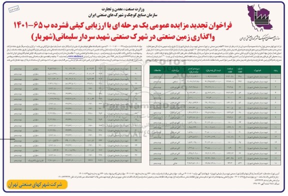 تجدید مزایده عمومی واگذاری زمین صنعتی در شهرک صنعتی شهید سردار سلیمانی (شهریار) -  نوبت دوم 