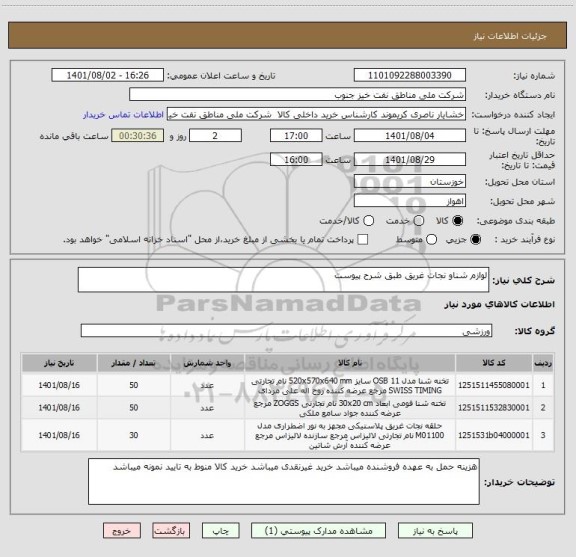 استعلام لوازم شناو نجات غریق طبق شرح پیوست