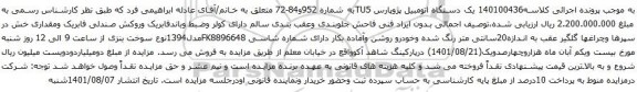 آگهی مزایده یک دستگاه اتومبیل پژوپارس TU5