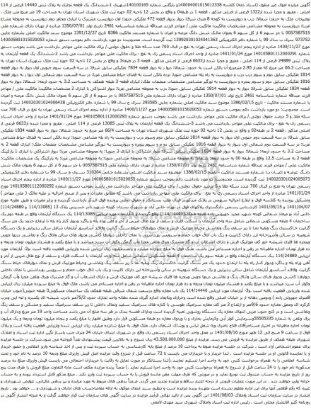 آگهی مزایده 1-ششدانگ یک قطعه تجاری به پلاک ثبتی 14440 فرعی از 114 اصلی ، مفروز و مجزا شده از1322 فرعی از اصلی