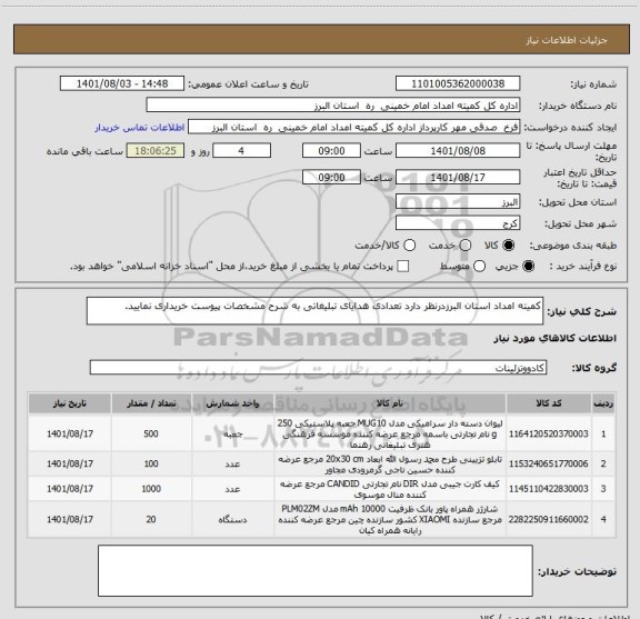 استعلام کمیته امداد استان البرزدرنظر دارد تعدادی هدایای تبلیغاتی به شرح مشخصات پیوست خریداری نمایید.