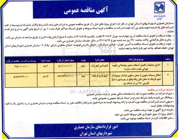 مناقصه اجرای عملیات تکمیل آسفالت محور مواصلاتی ...