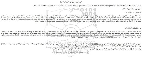 مزایده فروش یک دستگاه آپارتمان مسکونی (وضعیت خاص طلق) به پلاک ثبتی شماره فرعی 13467 از اصلی 69 مفروز ومجزی از 1254 قطعه 2