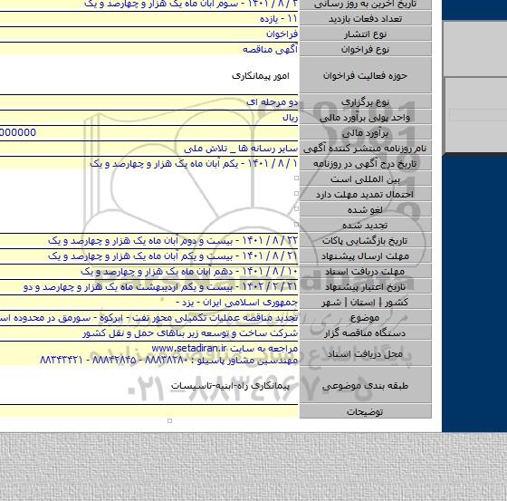 مناقصه, تجدید مناقصه عملیات تکمیلی محور تفت - ابرکوه - سورمق در محدوده استان یزد