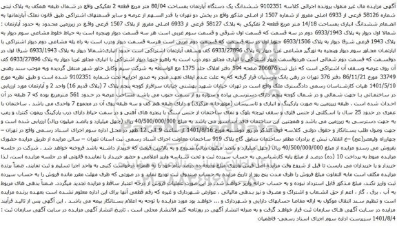 آگهی مزایده ششدانگ یک دستگاه آپارتمان بمساحت 80/04 متر مربع قطعه 2 تفکیکی