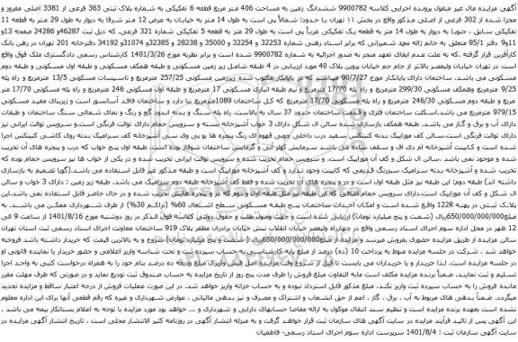 آگهی مزایده ششدانگ زمین به مساحت 406 متر مربع قطعه 6 تفکیکی به شماره پلاک ثبتی 363 فرعی از 3381 اصلی مفروز و مجزا شده از 302 فرعی از اصلی