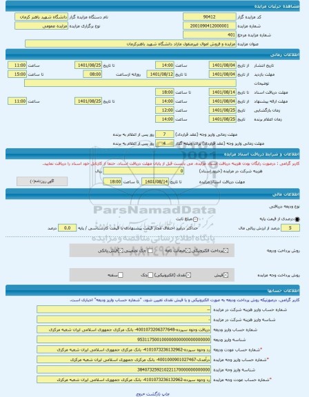 مزایده ، مزایده و فروش اموال غیرمنقول مازاد دانشگاه شهید باهنرکرمان -مزایده ساختمان و مغازه - استان کرمان