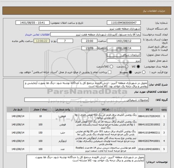 استعلام تحویل در شهرداری منطقه 7تبریز - ارزش افزوده درجمع کل یا جداگانه نوشته شود –رنگ ها بصورت آزمایشی و روغنی و براق درجه یک خواخد بود- کالا مشابه است