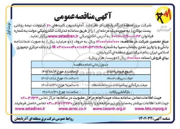 مناقصه آداپتاسیون کلیدهای 20 کیلوولت نیمه روغنی پست بوکان