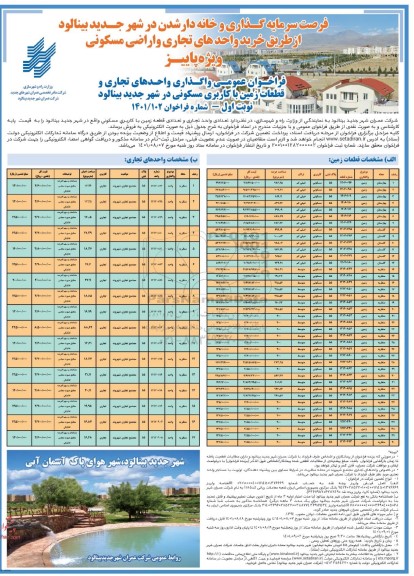 فراخوان عمومی تعدادی واحد تجاری و تعدادی قطعه زمین با کاربری مسکونی