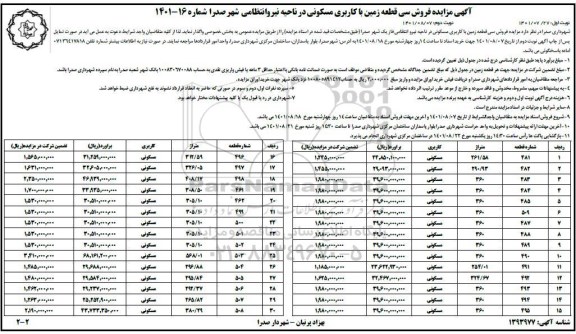 مزایده فروش سی قطعه زمین با کاربری مسکونی    نوبت دوم
