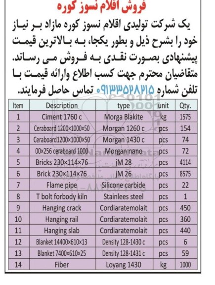 مزایده فروش اقلام نسوز کوره