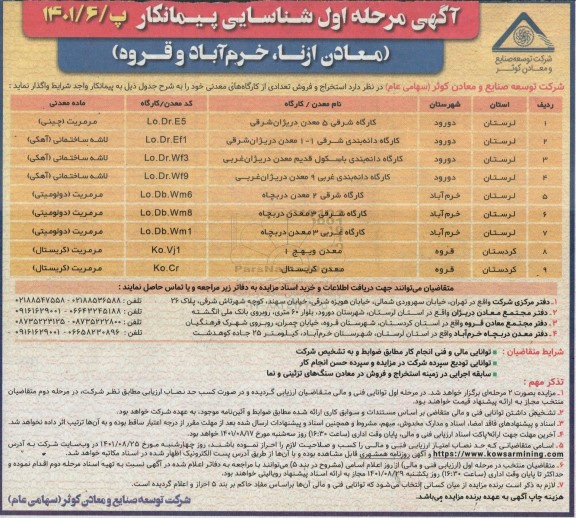  مناقصه و مزایده استخراج و فروش تعدادی از کارگاه های معدنی