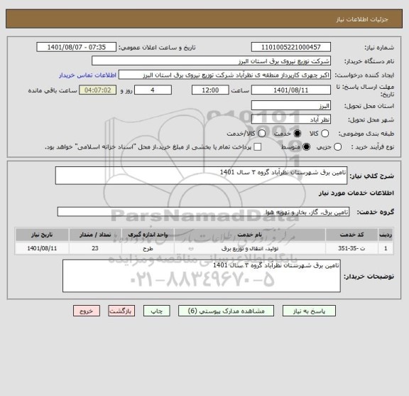 استعلام تامین برق شهرستان نظرآباد گروه ۳ سال 1401