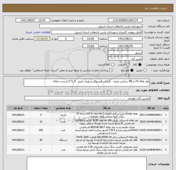 استعلام نوار نقاله 70 و 80 سانتی متری ، گرمکن هیدروکن و توری سرند  1.5*1 و بست نقاله