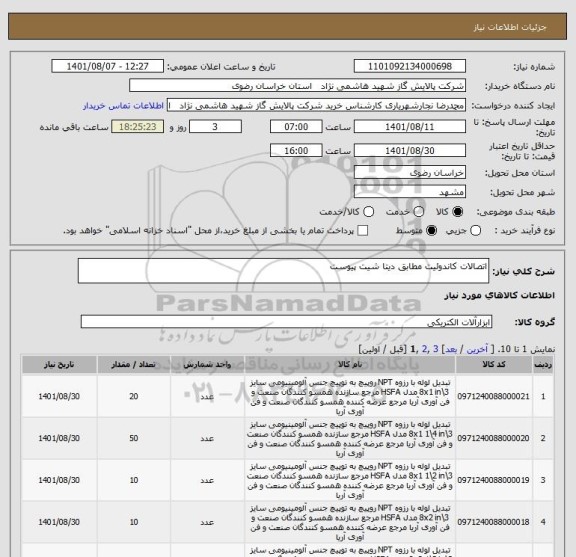 استعلام اتصالات کاندوئیت مطابق دیتا شیت پیوست