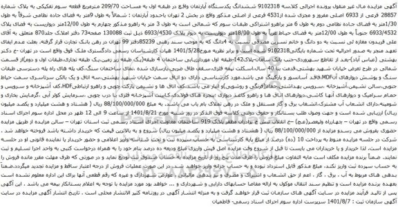 آگهی مزایده ششدانگ یکدستگاه آپارتمان واقع در طبقه اول به مساحت 209/70 مترمربع قطعه سوم تفکیکی به پلاک شماره 28857 فرعی از 6933 اصلی