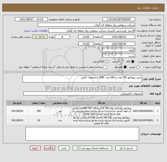 استعلام خرید پروژکتور 150 وات و 250 وات SMD با متعلقات کامل