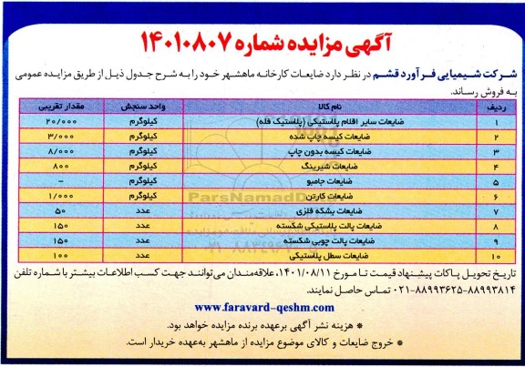 مزایده ضایعات سایر اقلام پلاستیکی و غیره ...