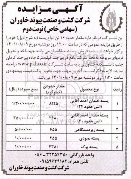 مزایده مقدار حدودی 16 تن انواع پسته - نوبت دوم