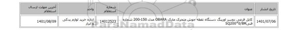 کابل ‎فرعی دوسر اورینگ‏ دستگاه نقطه جوش متحرک مارک OBARA مدل 150-200 شماره فنیSQ200*0/8M