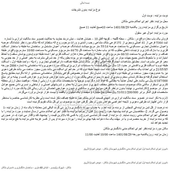 مزایده فروش ششدانگ عرصه واعیان ساختمان تجاری -مسکونی به مساحت عرصه 55/14 متر مربع 