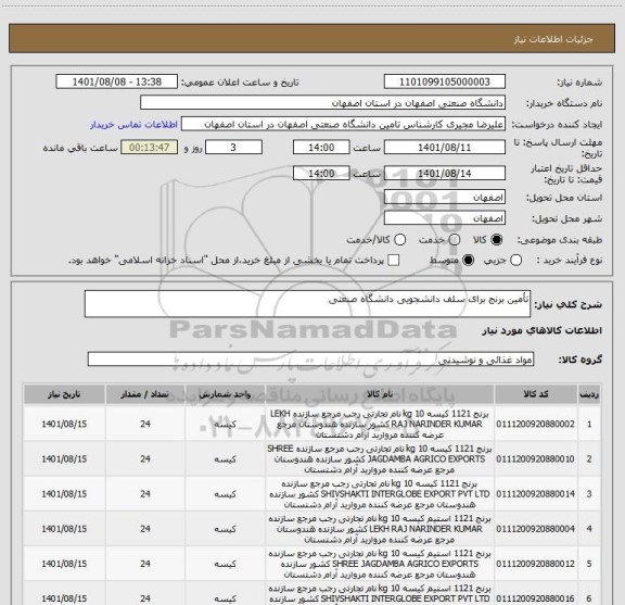 استعلام تأمین برنج برای سلف دانشجویی دانشگاه صنعتی